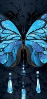 Blue butterfly with intricate design and sparkling gems on dark background.