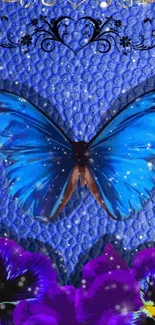 Blue butterfly with purple flowers on textured background.