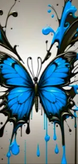 Artistic mobile wallpaper with blue butterfly and splash effect.