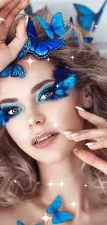 A stunning woman adorned with vivid blue butterflies and matching makeup.