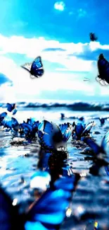 Butterflies fluttering over a serene beach with vibrant blue hues.