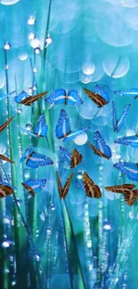 Blue and brown butterflies among dewy grass with a dreamy blue background.