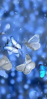 A serene wallpaper with blue butterflies and a blurred background.