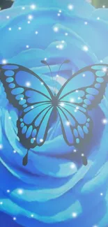 Blue butterfly on a glowing rose with white sparkles.