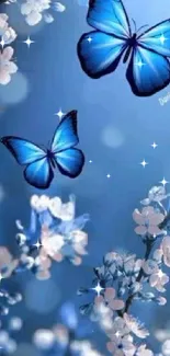 Blue butterflies and blossoms on vibrant phone wallpaper.