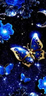 Elegant wallpaper with blue butterflies and celestial theme.