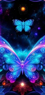 Cosmic butterfly in vibrant blue hues with galaxy background.