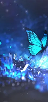 Blue butterfly on glowing crystals on a dark background.