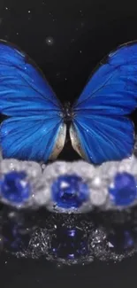 Blue butterfly with diamonds on a starry background.