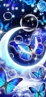 Enchanting blue butterfly wallpaper with crescent moon and roses.