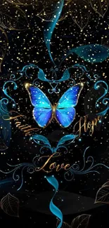 Blue butterfly with faith, hope, love text on dark background.