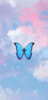 Blue butterfly with pink and blue clouds in the background.