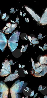 Enchanting blue butterflies on a starry black background wallpaper.