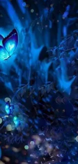 Mystical blue butterfly wallpaper with deep hues and magical ambiance.