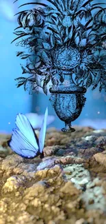 Blue butterfly and floral art on a calming background.