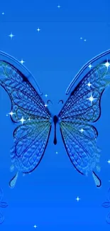 Elegant blue butterfly design on vibrant wallpaper background.