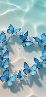 Blue butterflies form a circle on watery background.