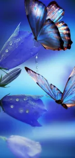 Elegant blue butterflies on purple flowers with a serene background.