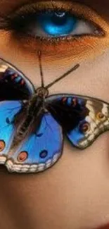 Artistic image of a blue butterfly on a woman's face with eye makeup.