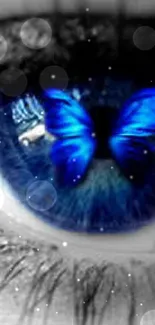 Blue butterfly in eye art wallpaper for mobile devices.