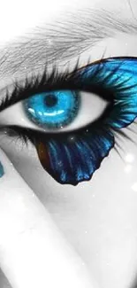 Vibrant blue butterfly eye design on mobile wallpaper.