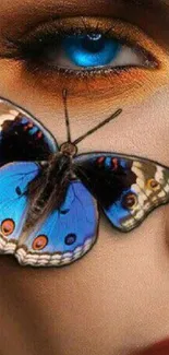 Close-up of blue butterfly near a vibrant eye on a mobile wallpaper.