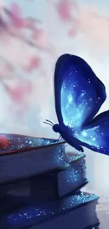 Blue butterfly on books with pink blossoms background.