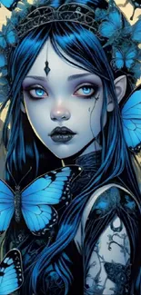 Fantasy girl and blue butterflies wallpaper.