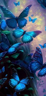 Blue butterflies flying in a mystical forest wallpaper.