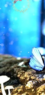 A blue butterfly rests beside glowing mushrooms in a fantasy forest setting.