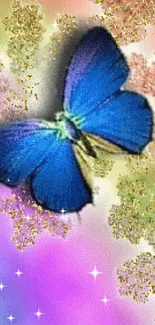 Blue butterfly with rainbow hues and nature accents.