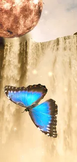 Surreal scene with blue butterfly, waterfall, and glowing moon in a fantasy setting.