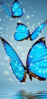 Enchanting blue butterflies sparkle over a reflective water surface.