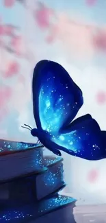 Fantasy wallpaper with a blue butterfly on books.