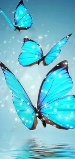 Vibrant blue butterflies with sparkling effect in a fantasy scene.