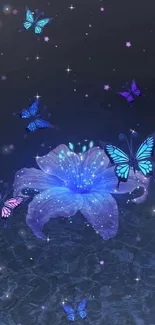 Blue butterflies flutter around a glowing flower in a dark starry night scene.