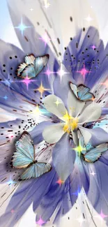 Blue butterflies on a floral design with sparkling highlights.