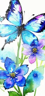 Blue butterfly and flowers in watercolor art style on phone wallpaper.