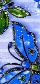 Blue and green butterfly with floral accents on a vivid background.