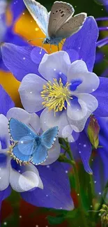 Blue butterflies on purple flowers with vibrant colors.