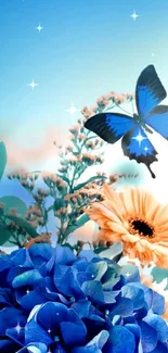 Blue butterfly on vibrant flower backdrop.