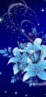 Blue butterflies and flowers wallpaper with starry background.