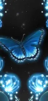 Blue butterfly with glowing flowers on dark background wallpaper.