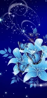 Butterflies and blue flowers on starry background wallpaper.