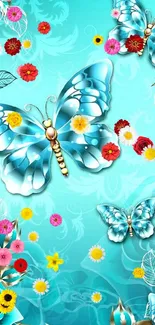 Blue butterfly and rose wallpaper with vibrant turquoise background.