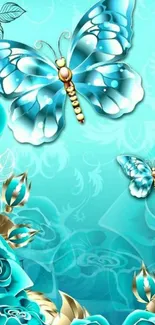 Blue butterfly with floral backdrop on phone wallpaper.