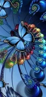 Blue butterfly and fractal pattern wallpaper with vibrant colors.