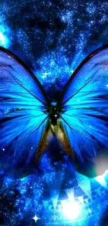 Vibrant blue butterfly in a galaxy-inspired setting.