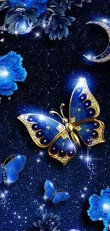 Blue butterfly with galaxy background and shimmering stars.