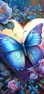 Blue butterfly on heart with flowers in vibrant art style.